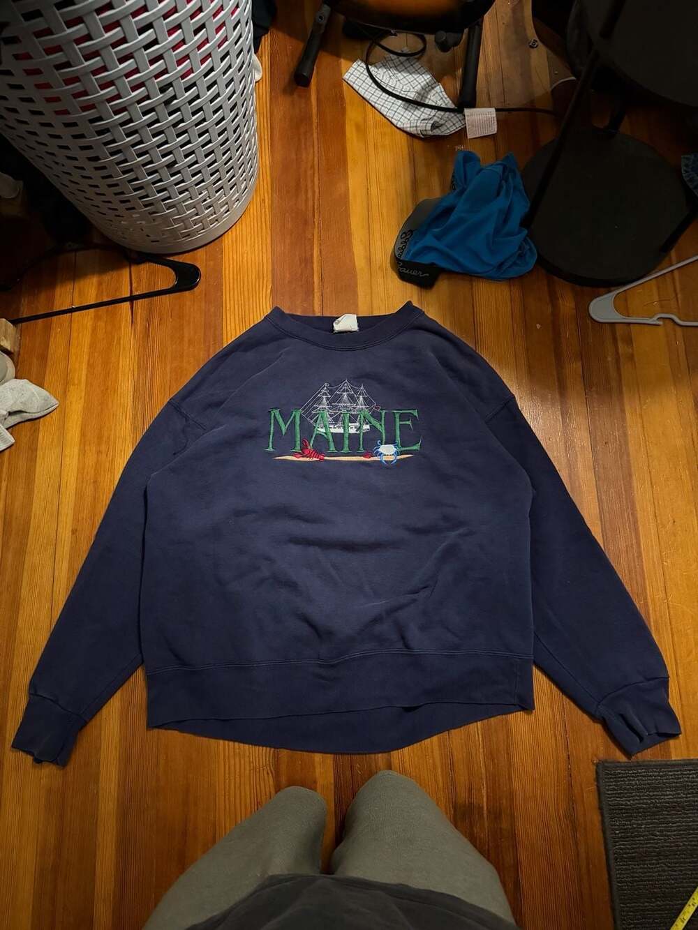 Vintage Top Threads Maine Nautical Embroidered Navy Blue Crewneck Sweatshirt